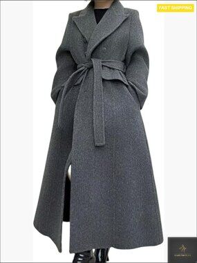 Long Wool Pea Coat Double Breasted Trench Belted Classic Elegant Winter